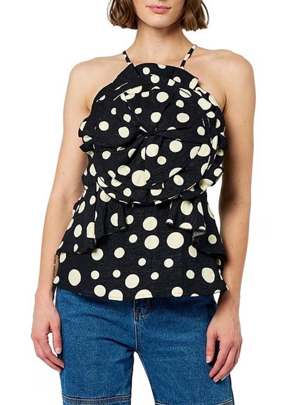 Ciebon Black Polka Dot Tank with 3D flower detail